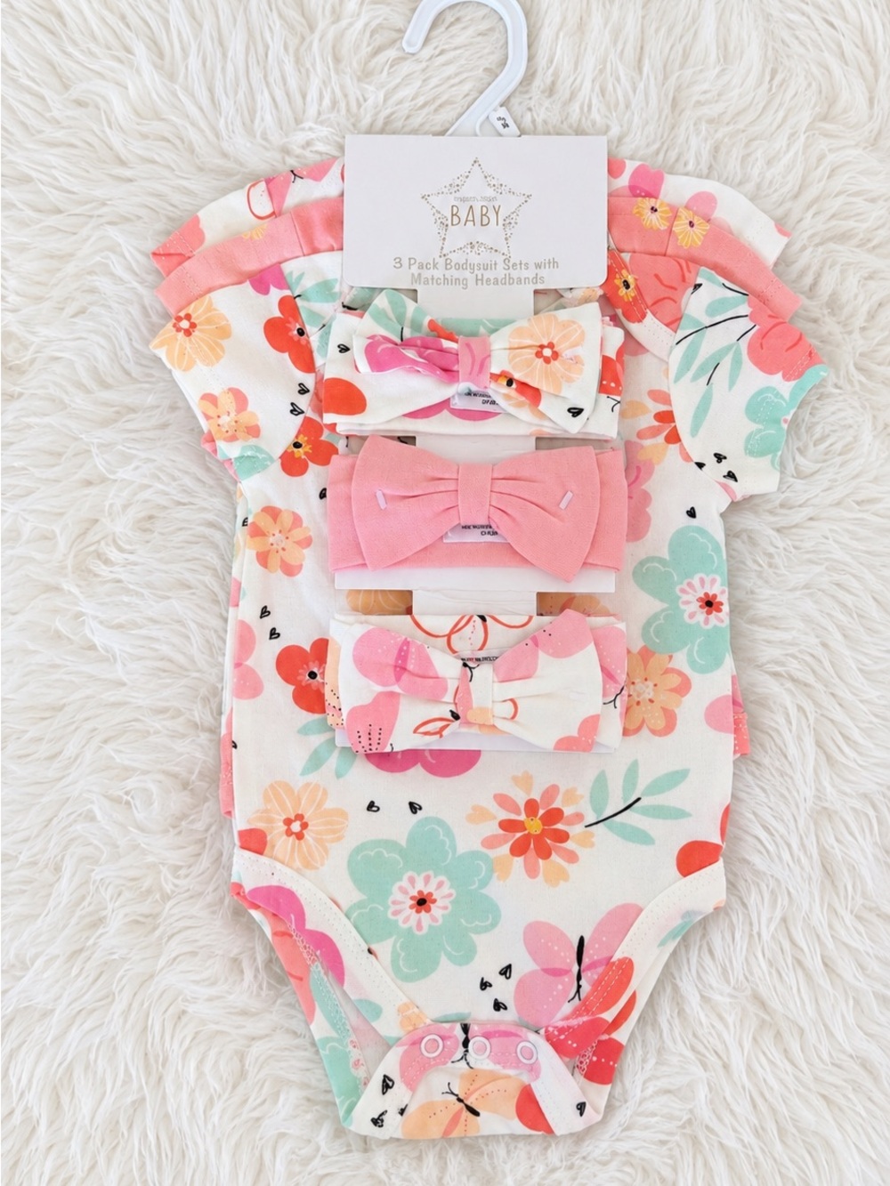 Baby Floral Bodysuit Set with Pink Headbands